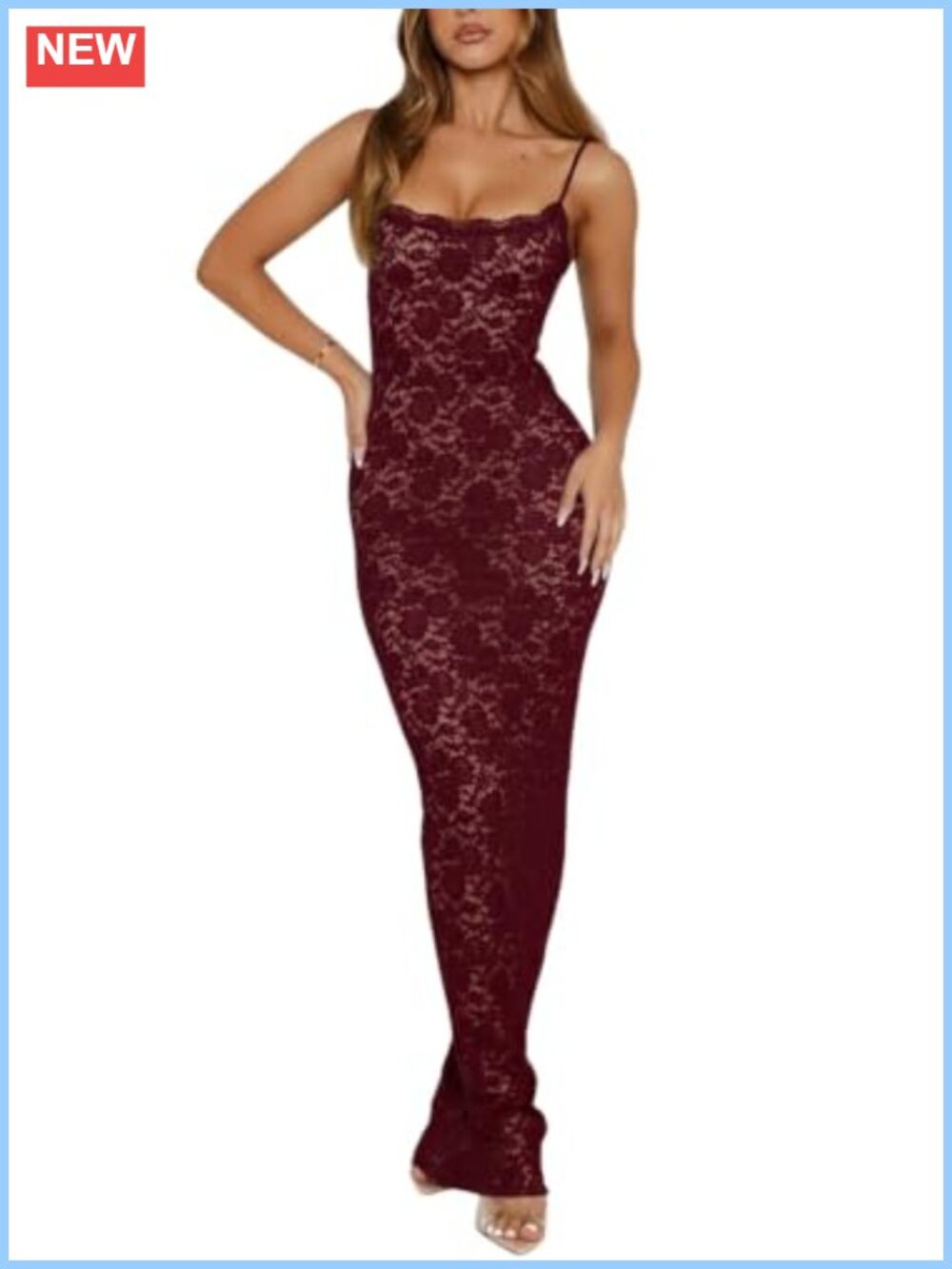 Lace Maxi Dress Adjustable Spaghetti Strap Slim Fit Evening Gown